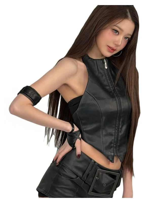 New Kpop Female Group Stage Costume Cool Spicy Black PU Hanging Neck Vest Wide Shorts Sexy Girl Performance Outfit Women