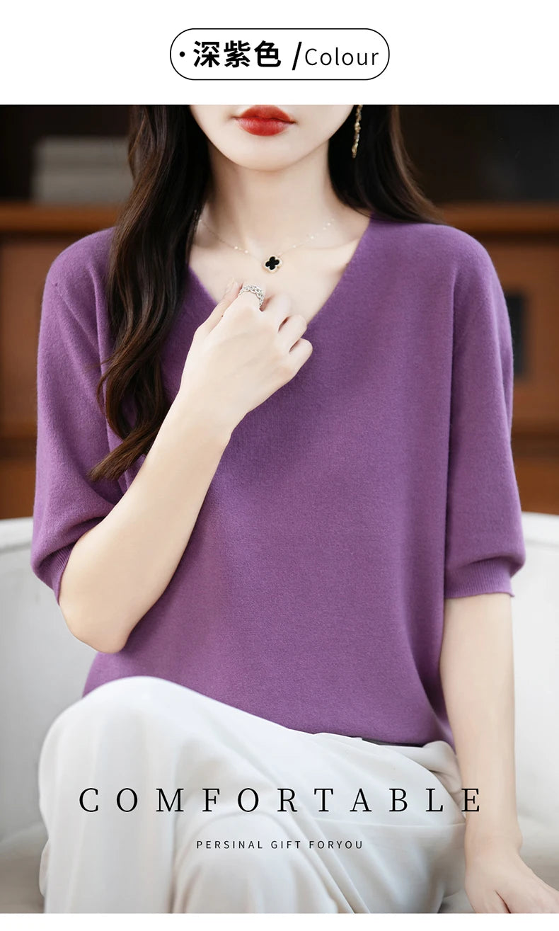 Thin Worsted Wool Short-Sleeved Women's Loose Round Neck T-shirt Printed Summer Fashion Knitted Bottoming Shirt Half-Sleeved