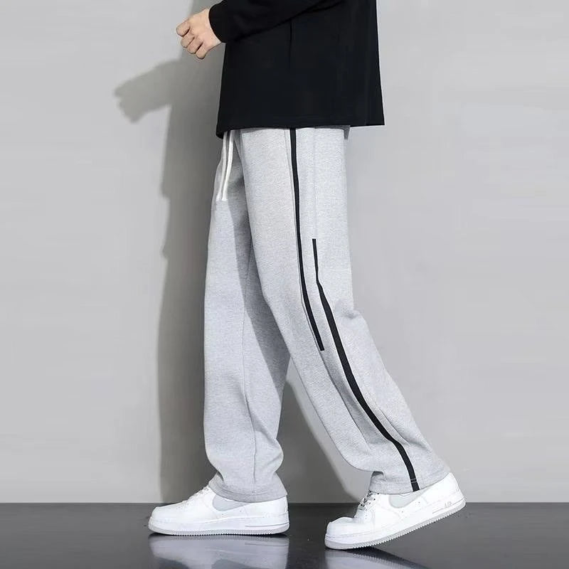 Men’s Straight Leg Sweatpants Loose Lightweight Casual Pants Spring Summer Stripe Patchwork Sports Joggers Trendy Long Trousers