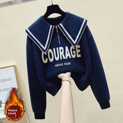 Teenage Girl's Fleece Lined Thickened Navy Collar Sweatshirt Small Size Winter Fashionable Clothing School Sweet Style Zipper