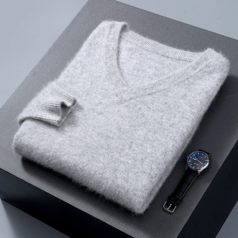 Men's 100% Pure Mink Cashmere Sweater V-neck Pullover Knit Bottoming Shirt Autumn And Winter New Long-Sleeve High-End Mink Tops