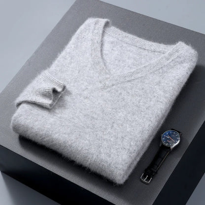 Men's 100% Pure Mink Cashmere Sweater V-neck Pullover Knit Bottoming Shirt Autumn And Winter New Long-Sleeve High-End Mink Tops