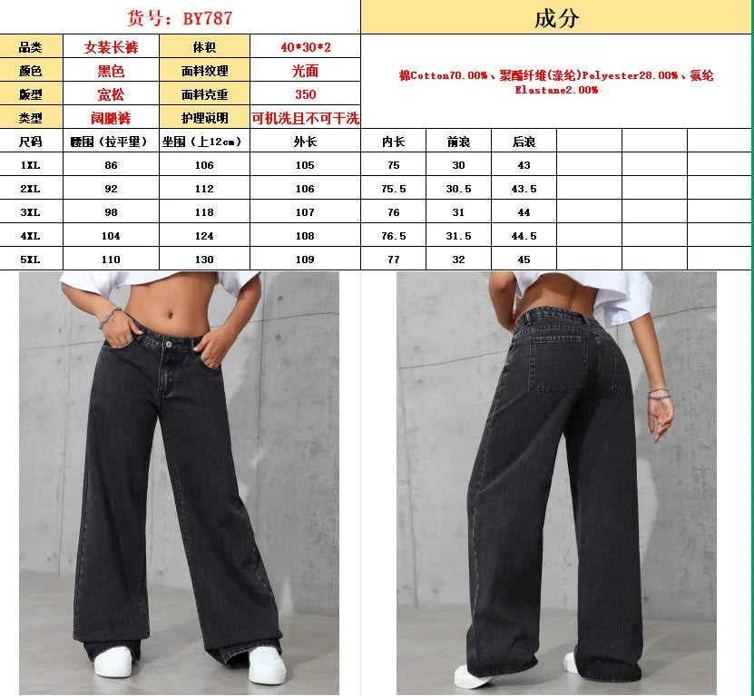 plus Size Women's Wide Leg Jeans Washed Elastic Casual Loose Fit Ladies Denim Pants Comfortable Stretchy Trousers