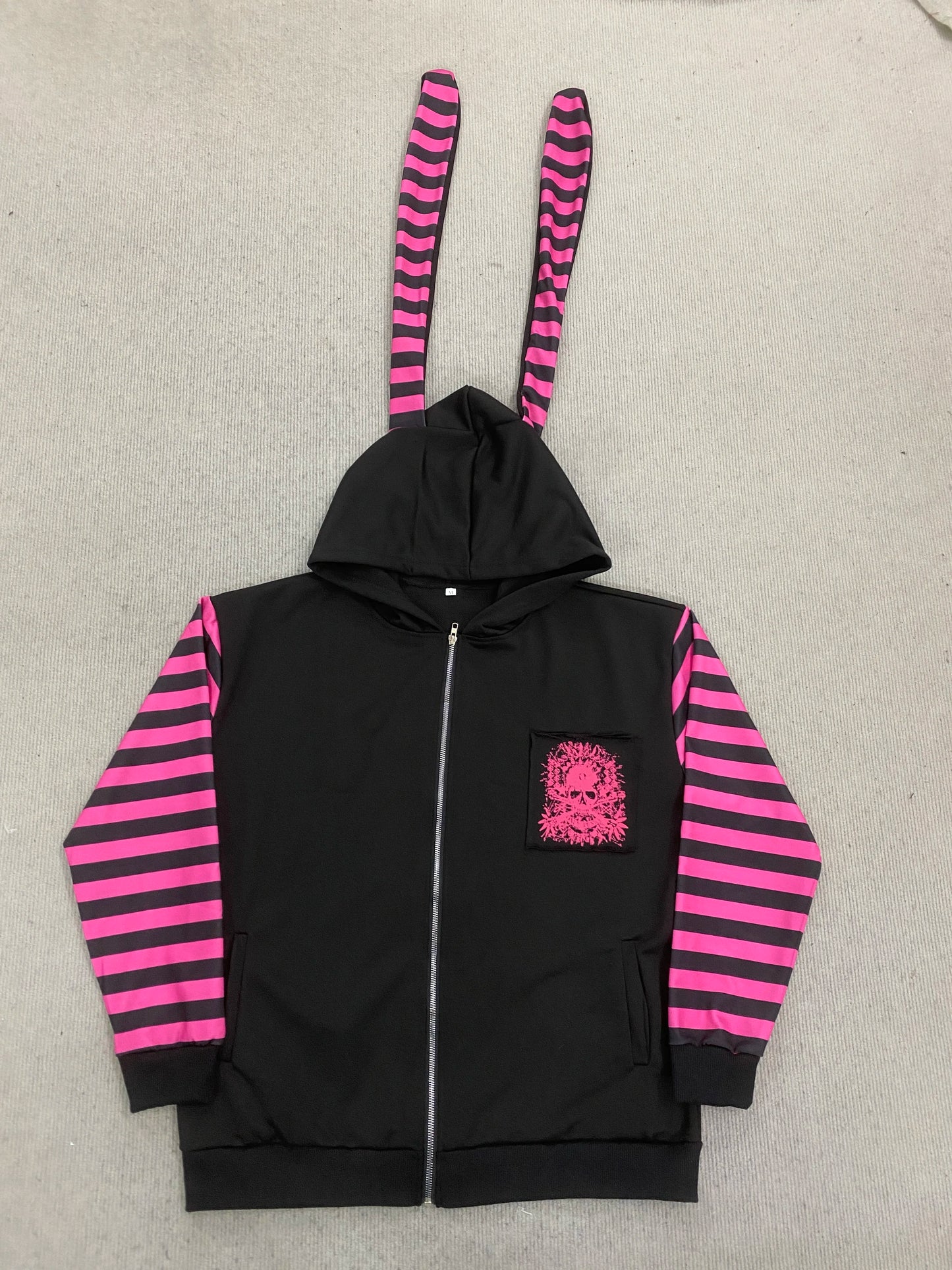 2026Y2K Goth Women's Bunny Ear Zip Up Hoodie Skull Print Striped Punk Aesthetic Streetwear Hooded Sweatshirt