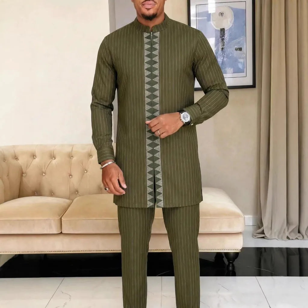 Men Two Piece Kaftan Suit African Ethnic Embroidered Zipper Wedding Outfit