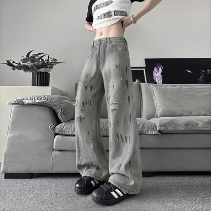 Original Retro Vintage Washed Distressed Men's Jeans American Street Style Casual Trendy Loose Fit Men's Pants Denim Urban