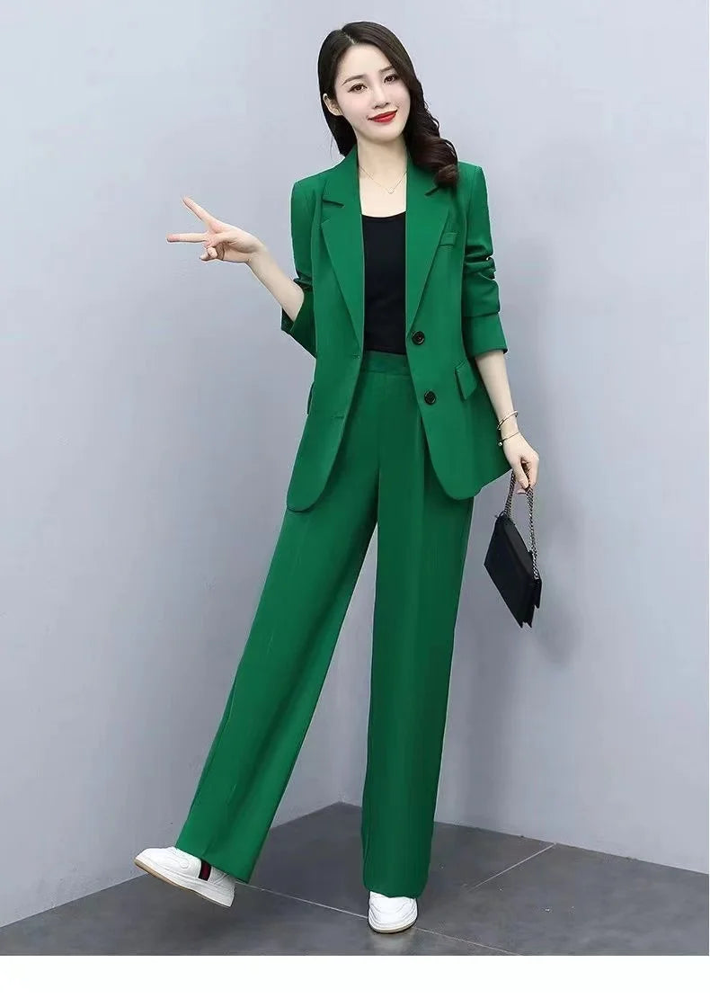 Spring 2026 plus Size Suit Set Loose Wide Leg Pants Two Piece Set Korean Style Commute Casual High Waist Polyester Fiber