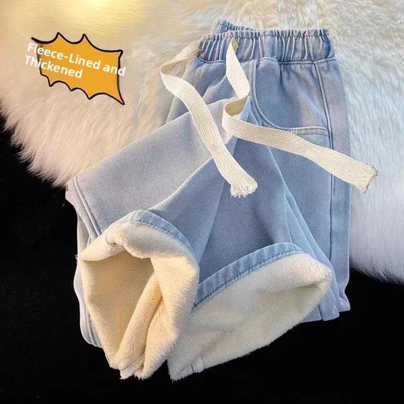 Thickened Fleece Straight Leg Jeans Women Winter New Small Size Wide Leg Cotton Elastic Waist Autumn Winter Pants