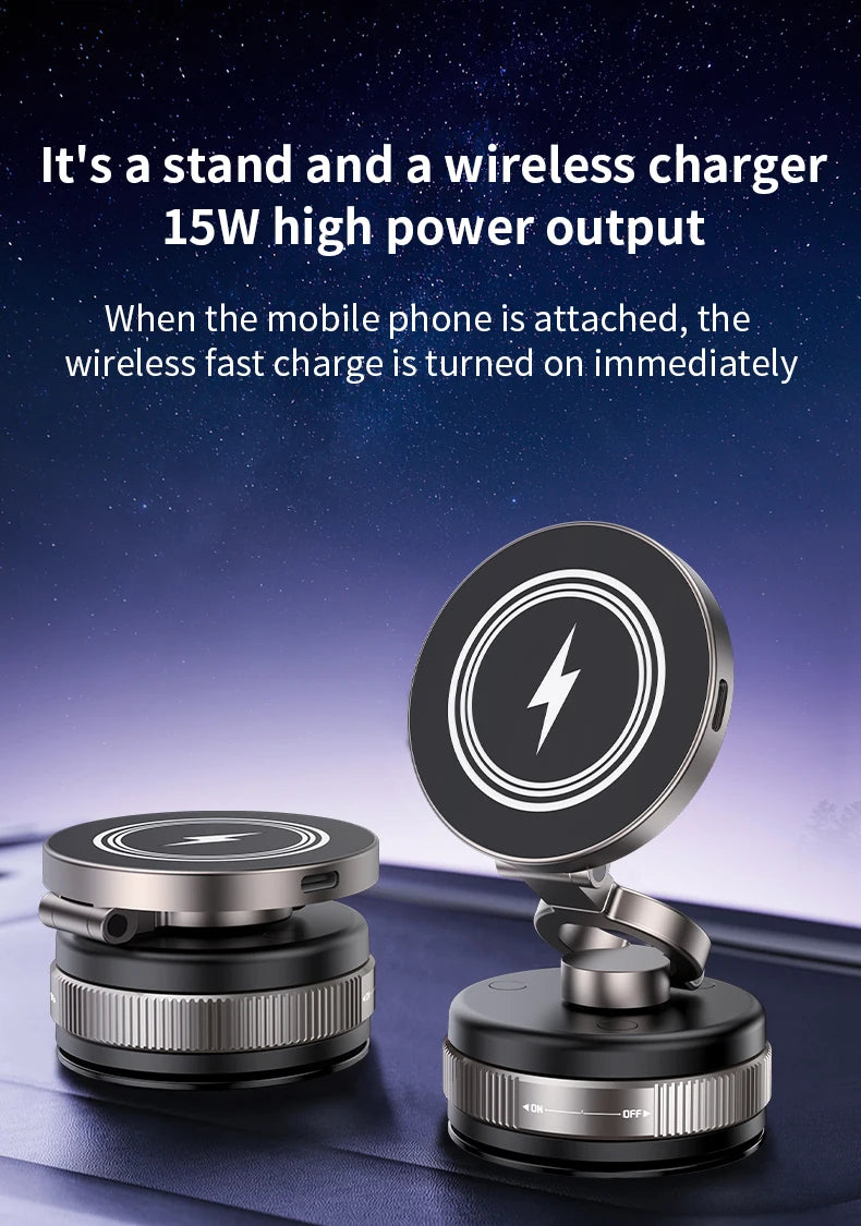 Folding 15W wireless charging car phone holder vacuum suction 360 ° rotating magnetic support bracket