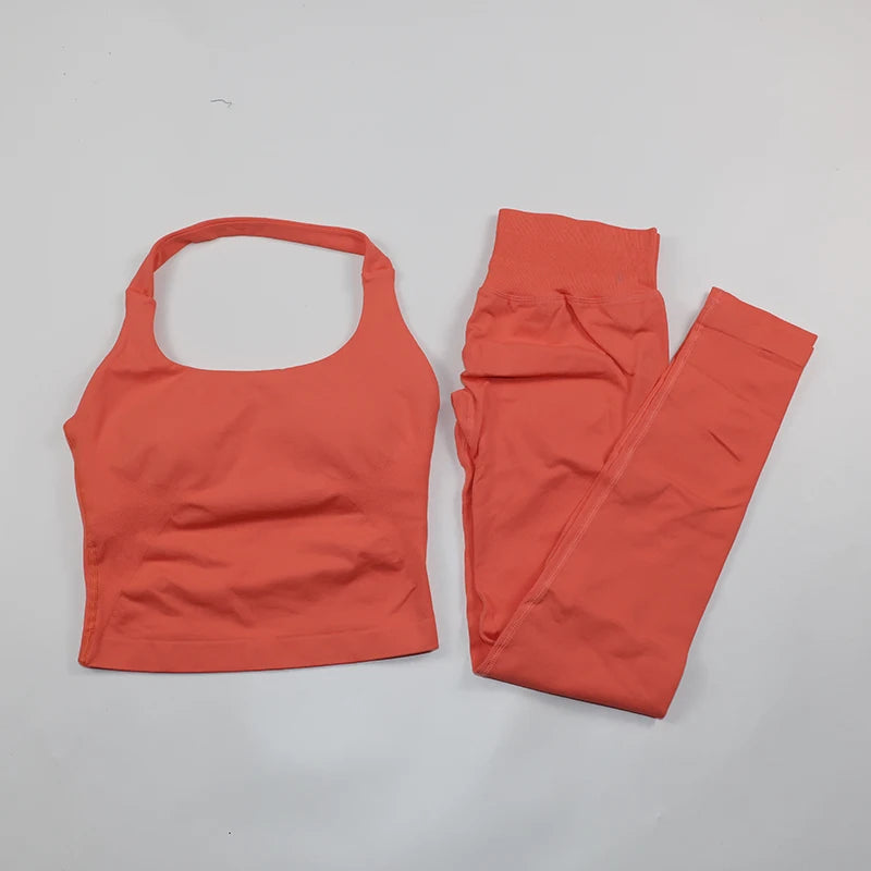 Women's Halter Neck Backless Yoga Set Seamless 2-Piece Outfit Ribbed High-Waist Scrunch Shorts Butt Lifting Gym Pilates Fitness