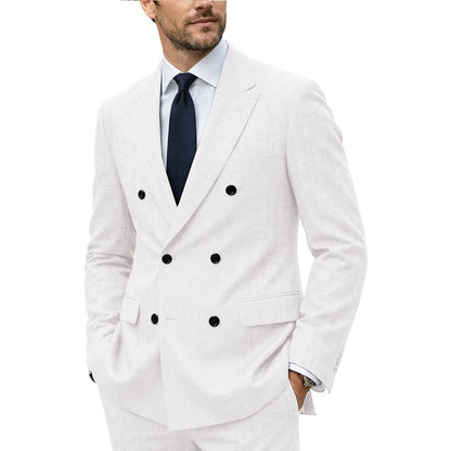 Men's Linen Suit Set  Double Breasted Slim Fit Peak Lapel Formal Blazer Pants Breathable Business Wedding Groom Tuxedo