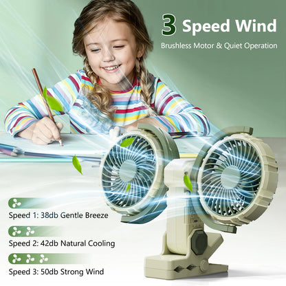 Hipacool Car Clip Dual Head Fan 360° Rotatable 4000mAh 3-Speeds Two Light Modes USB Rechargeable Desktop Cooling Air Fan