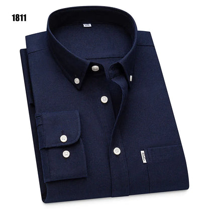 Men's 100% Pure Cotton Oxford Solid Long Sleeve Shirts Business Social Formal Shirts Male Single Pocket Designer Classic Clothes