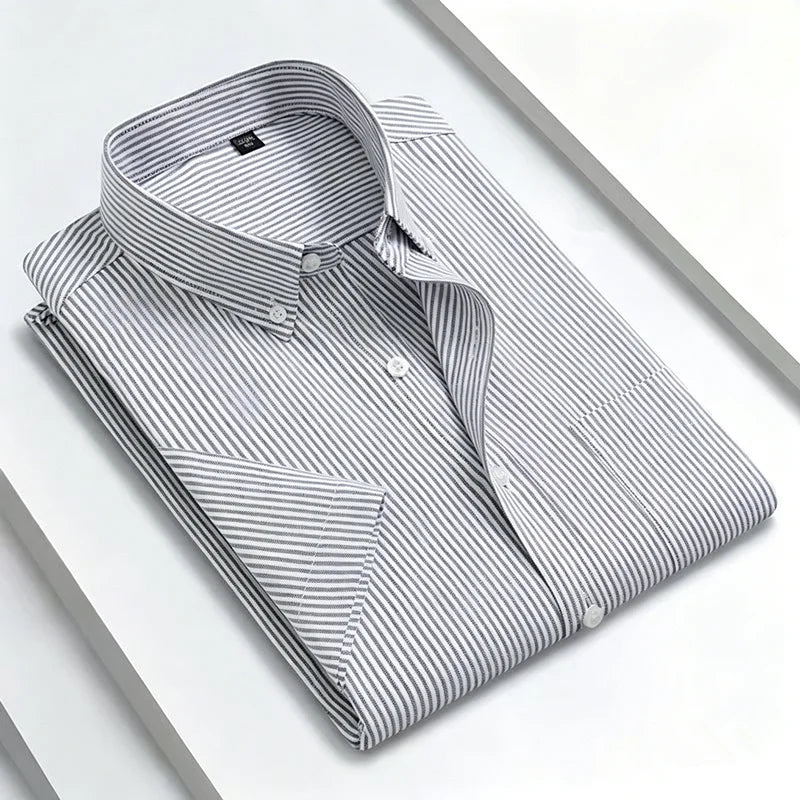 New 100% Cotton Men's Oxford Shirts Short Sleeve Summer Stripe Casual Formal Dress Social Regular Fit White Fashion Clothes 5XL