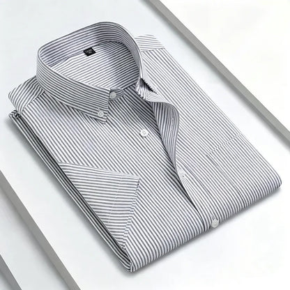 New 100% Cotton Men's Oxford Shirts Short Sleeve Summer Stripe Casual Formal Dress Social Regular Fit White Fashion Clothes 5XL