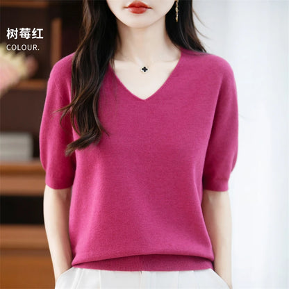 Thin Worsted Wool Short-Sleeved Women's Loose Round Neck T-shirt Printed Summer Fashion Knitted Bottoming Shirt Half-Sleeved