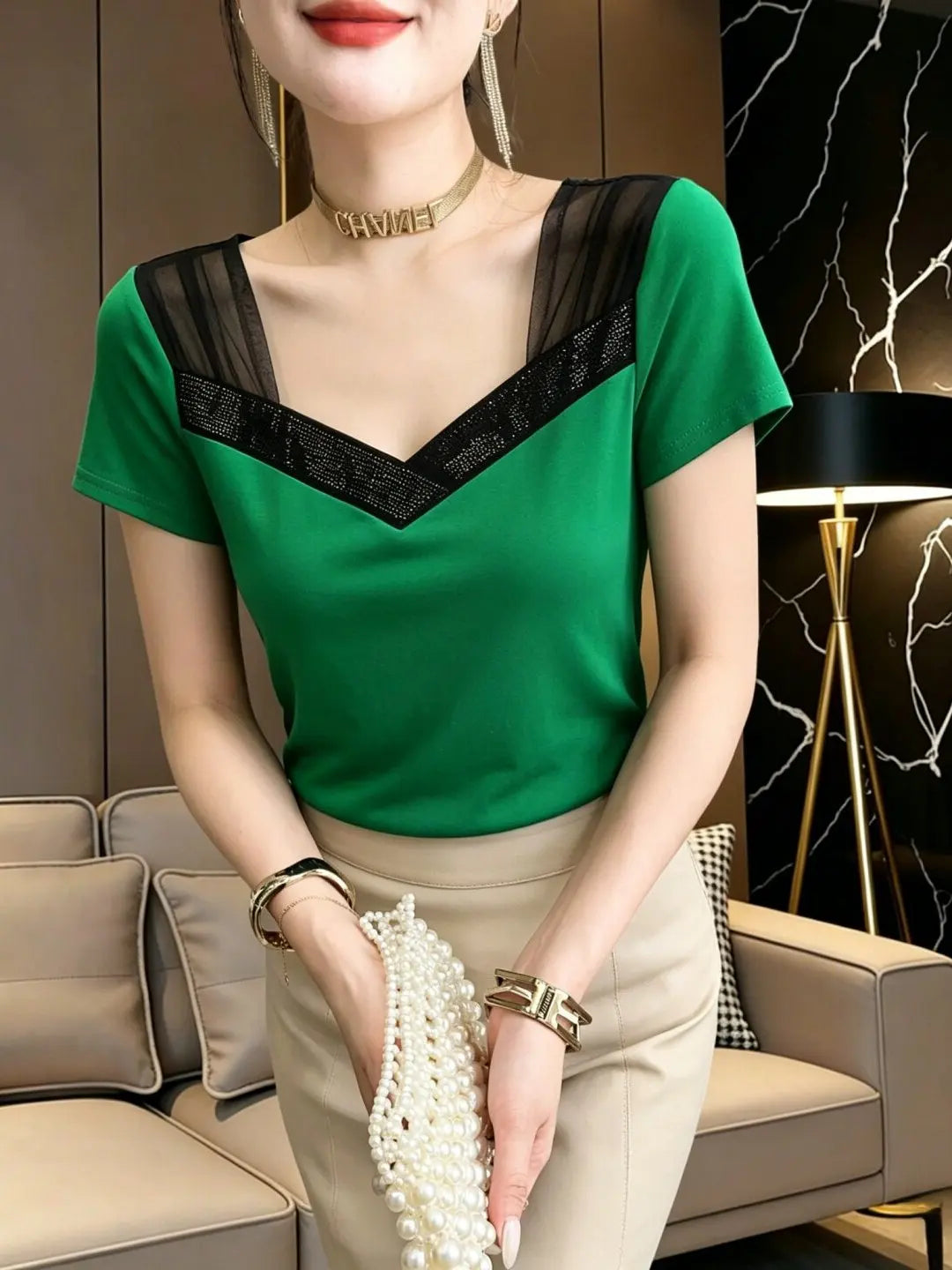 Summer 2026 Women's V-neck T-shirt Mesh Splice Short Sleeve Heavy-duty Rhinestone Slimming Top Korean Style Breathable Cotton