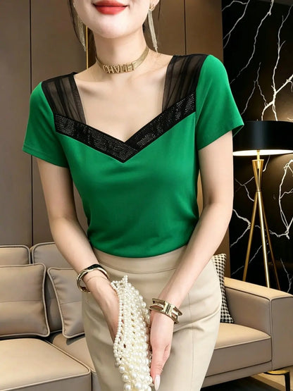 Summer 2026 Women's V-neck T-shirt Mesh Splice Short Sleeve Heavy-duty Rhinestone Slimming Top Korean Style Breathable Cotton
