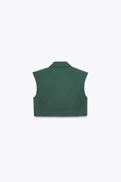 High Waist Wide Leg Pants Zipper Decoration Short Sleeve Turn-down Collar Single Pocket Decoration Fashion Set for Women