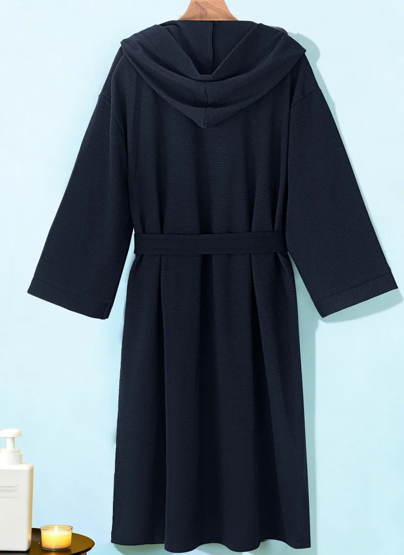 Mens Waffle Knit Hooded Bathrobe Navy Blue Kimono Style with Belt Pockets Soft Lightweight Spa Loungewear for Shower Hotel Home