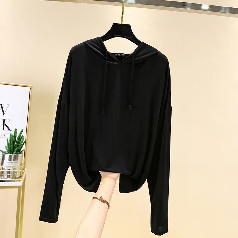Spring Summer New Modal Long Sleeve Hoodie T-Shirt Women plus Size Loose Base Shirt Slimming Sun Protection Top Korean Style