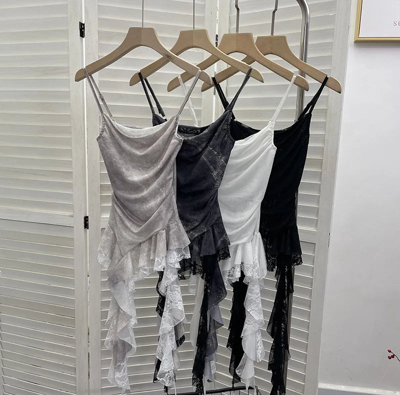 ISAROSE Summer Y2K Camisole for Women Casual Spaghetti Straps Double Layers Lace Stretch Mesh Patchwork Asymmetrical Slim Tops