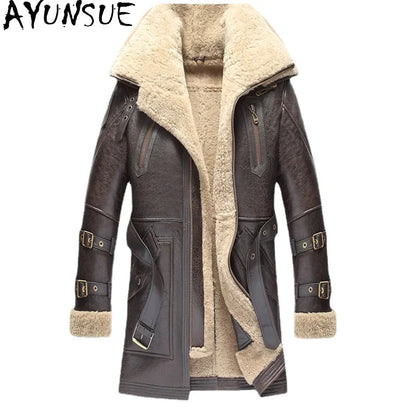 AYUNSUE Genuine Leather Jackets Men 2025 Natural Sheepskin Coat Real Fur Double Collar Thick Winter Jacket Men's Fur Jacket Long