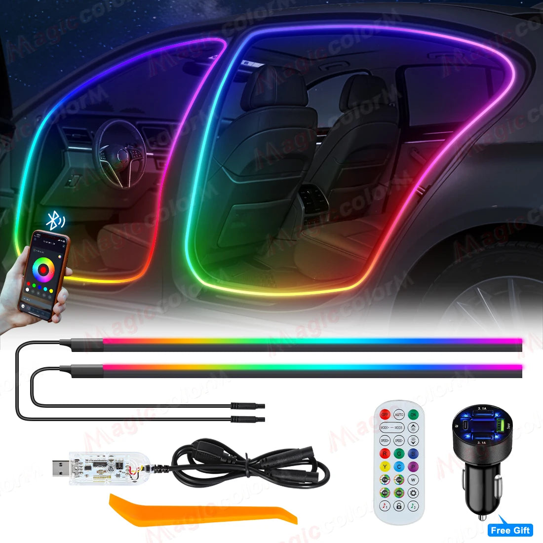 3Meters 4M Symphony Car Door Frame Ambient Lights Universal RGB LED Acrtlic Strips APP Bluetooth Remote Control USB Plug & Play