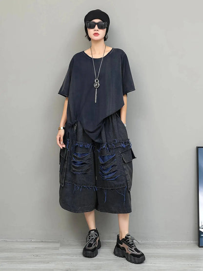 Trendy Cool Fashion Top Women Distressed Asymmetrical Mid-length T-shirt Loose LX5861