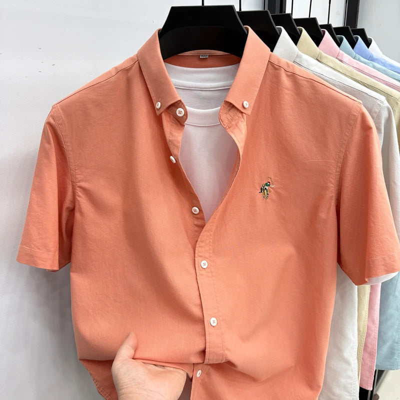 100% Pure Cotton Men's Short Sleeved 2026 New Brand Embroidered Trendy Shirt for Men's Casual Summer Wear