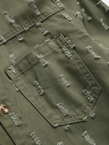 Men's Army Green Textured Ripped Long-Sleeve Denim Shirt, Vintage Casual Lapel Workwear Shirt with Chest Pocket