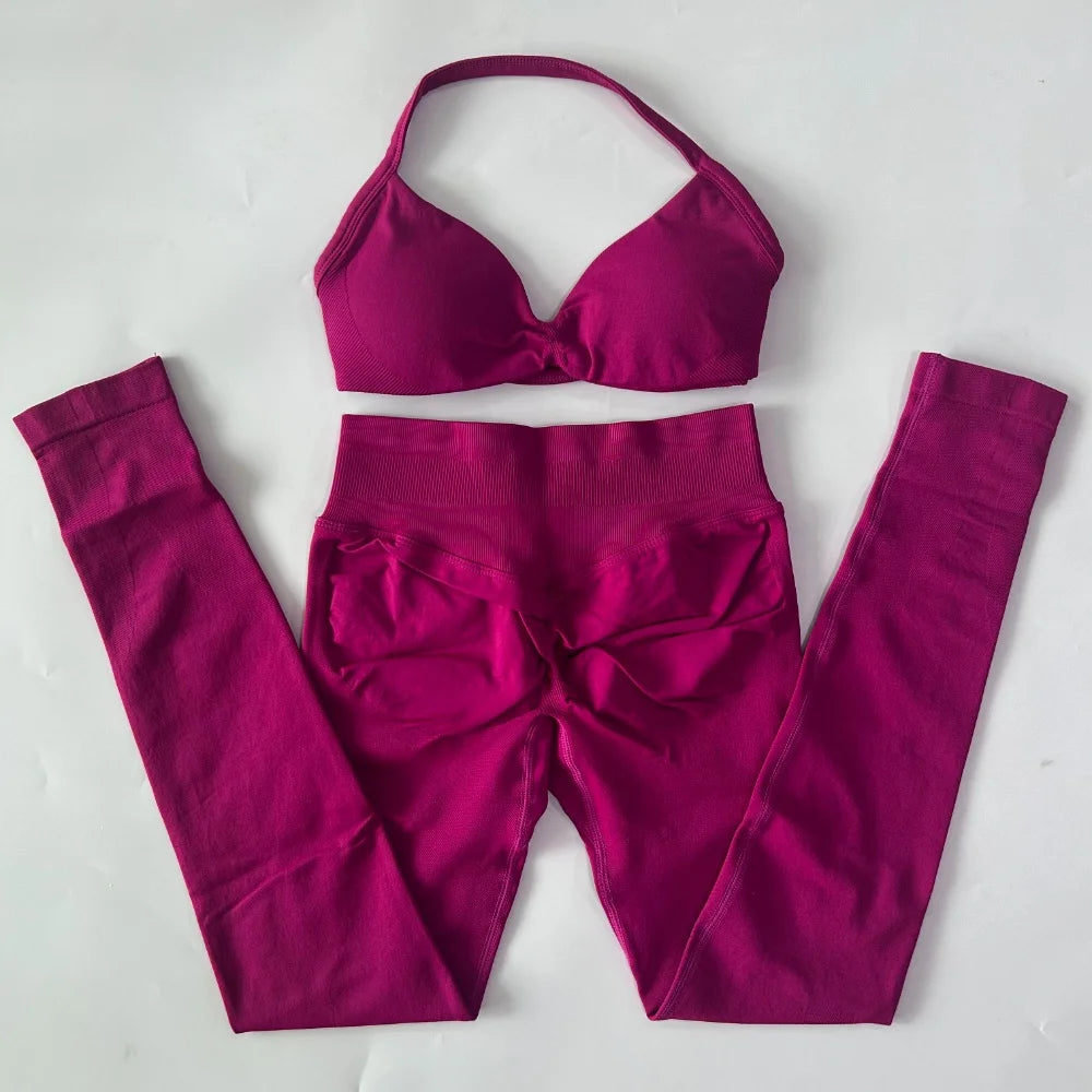 Women's 2 Piece Yoga Set High Quality Seamless Leggings And Strappy Bra Workout Gym Fitness Sportswear Resistance Training