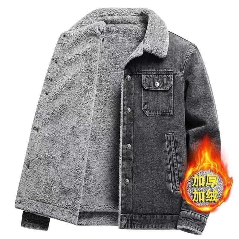 Men's Fleece Lined Thickened Denim Jacket Winter Casual Lapel Workwear Wear Resistant Leisure Coat Sheepskin Fur Vestibule