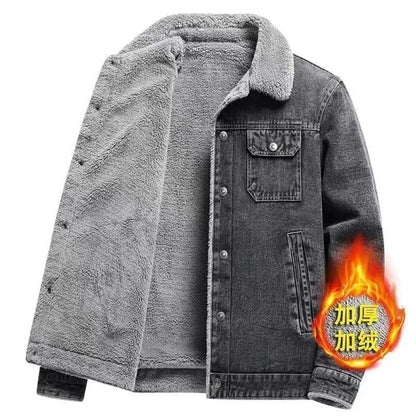 Men's Fleece Lined Thickened Denim Jacket Winter Casual Lapel Workwear Wear Resistant Leisure Coat Sheepskin Fur Vestibule