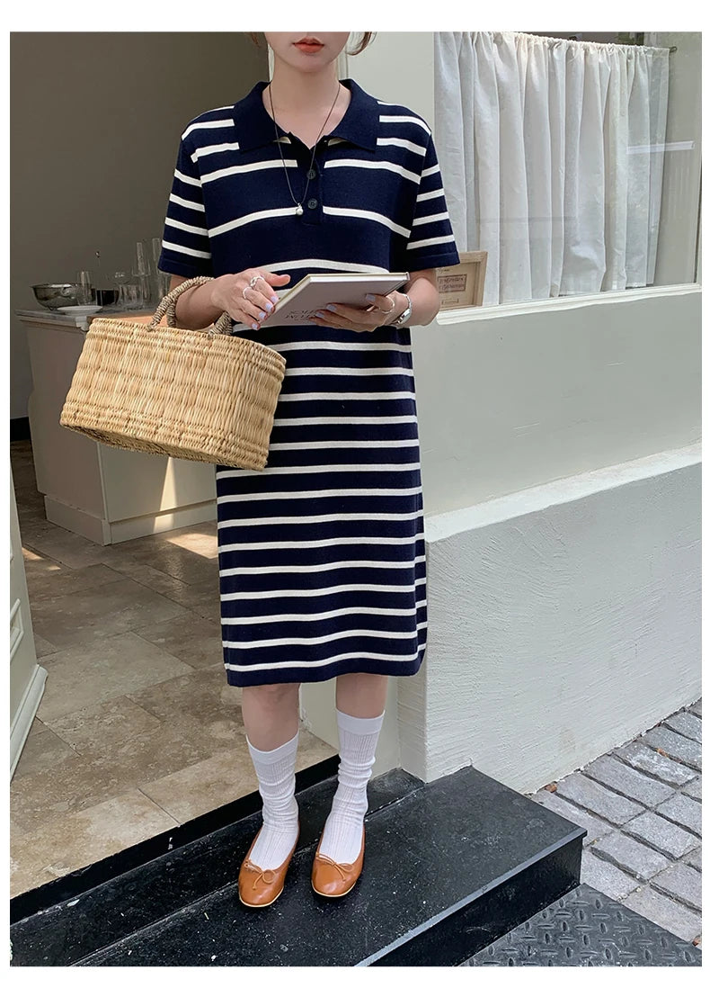 new Korean striped dress for women's summer, pure cotton straight tube mid length skirt