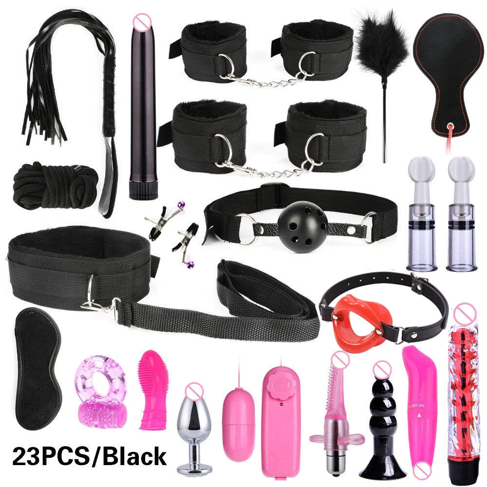 Hot Exotic Bed Bondage Set BDSM Kits Exotic Sex Toys For Women Adults Games Leather Handcuffs Whip Gag Nipple Clamps Sex Shop