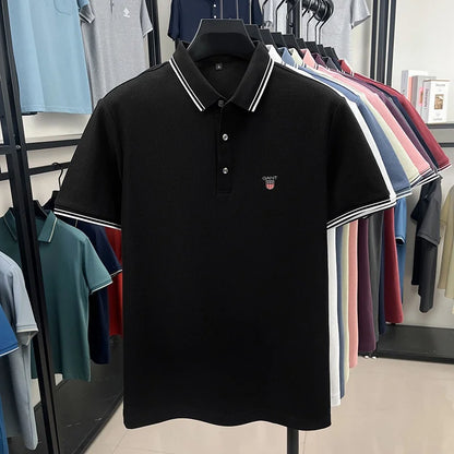 Summer men's exquisite embroidered short-sleeved POLO shirt 100% cotton breathable striped lapel daily business casual T-shirt