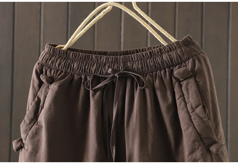 Retro  Color Cotton Filled Casual Loose Harem Pants Small Footed Trousers Winter Outerwear for Women plus Size