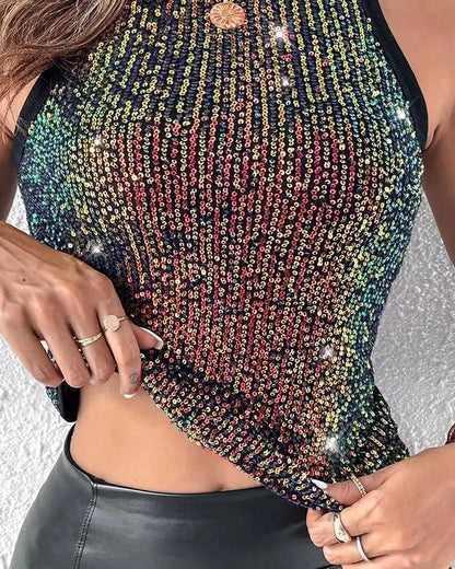 Women Sparkly Tank Top Sleeveless Round Neck Glitter Crop Top Y2K Party Club Summer Casual Streetwear for Ladies Daily Wear