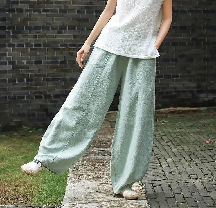 2024 Cotton Linen Bloomers Wide Leg Pants Women Vintage Full Length Fashion Elegent Pants Solid Elasitic Waist Spring Autumn 5XL