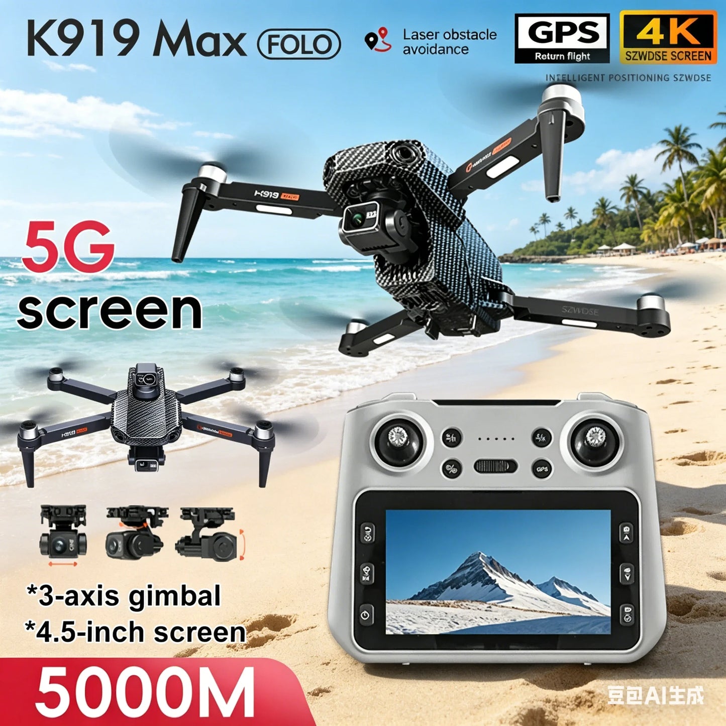 New K919 MAX Drone 8K GPS Professional HD 3-axis Gimbal Aerial Screen Remote Control Aircraft 5G HD Dual Camera Security drone