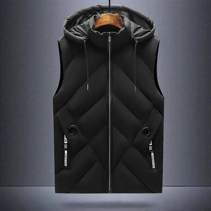 Winter Down Cotton Vest Jacket Men Waterproof Zipper Detachable Hat Sleeveless Coat Man Hooded Stand-Up Collar Casual Waistcoat