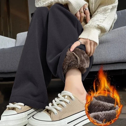Women's High Waist Fleece Lined Thickened Straight Leg Pants Autumn Winter New Style Casual Polyester Fiber Slimming Effect