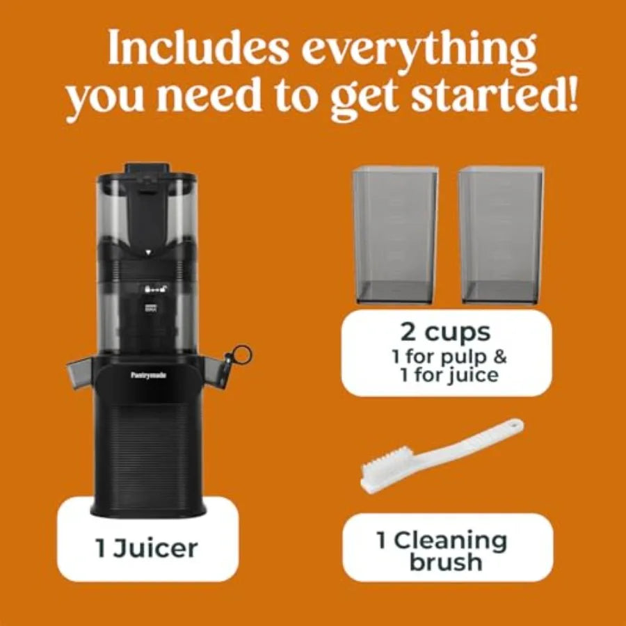 Cold Press Juicer for whole fruits/vegetables: slow masticating, high juice yield, 5.5 feed chute, easy clean, BPA-free, brushl