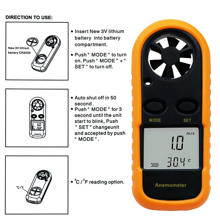 Digital Anemometer 0-30m/s Wind Speed Meter -10 ~ 45C Temperature Tester Anemometro with LCD Backlight Display