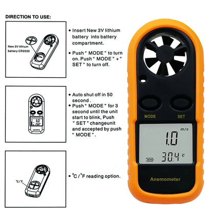 Digital Anemometer 0-30m/s Wind Speed Meter -10 ~ 45C Temperature Tester Anemometro with LCD Backlight Display