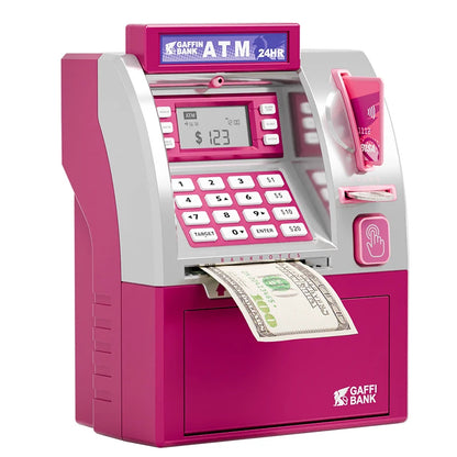 Children Mini Bank Electric ATM Machine Simulation Savings Piggy Bank with Power-Off Memory and Debit Card Pretend Toys for Kids