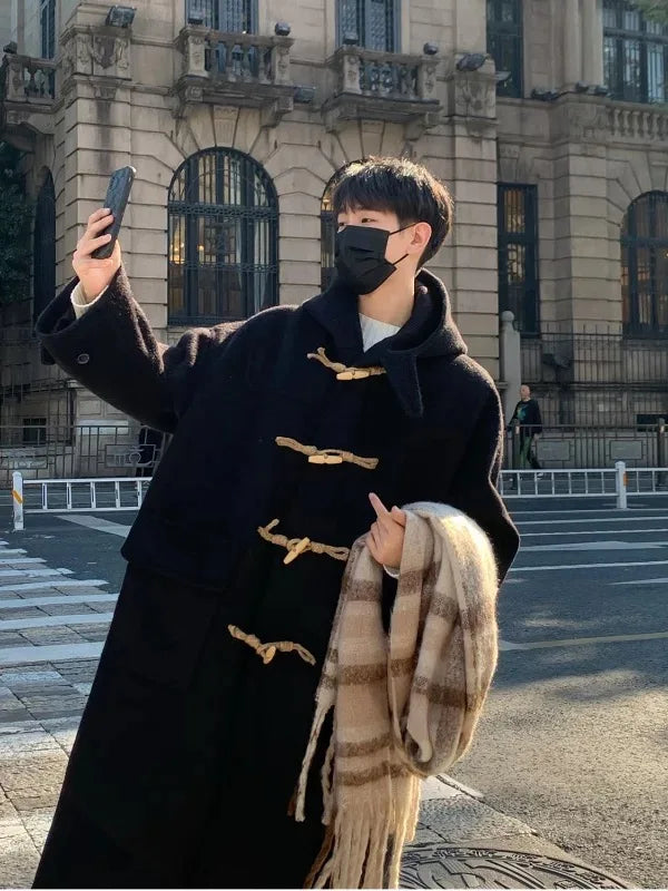 Japanese Style Woolen Coat with Horn Buttons Unisex Winter Loose Long Hooded Jacket Thickened Cotton Youthful Vitality Style