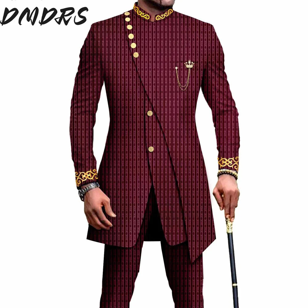 Elegant African National Printing Batik Men's Casual 2PCS Suit For Wedding Dinner Event Suit terno masculinos complete costume