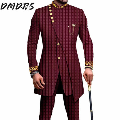 Elegant African National Printing Batik Men's Casual 2PCS Suit For Wedding Dinner Event Suit terno masculinos complete costume